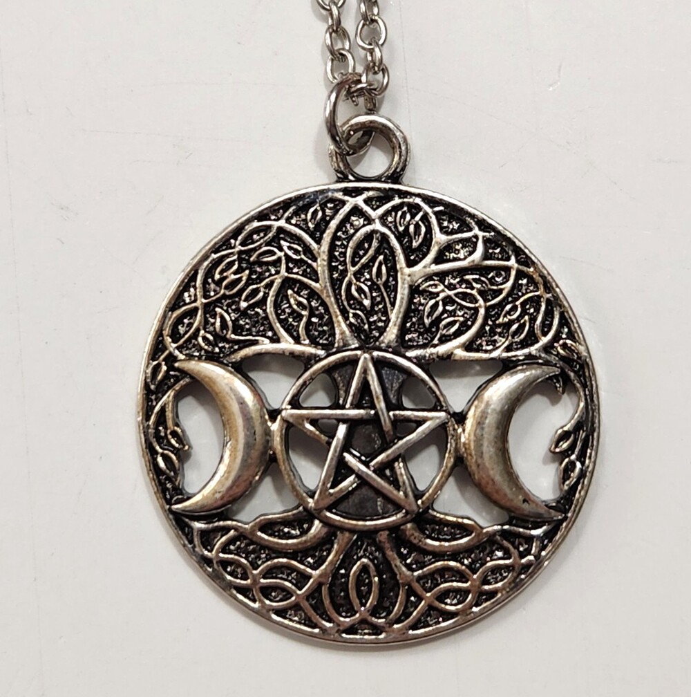 Triple Moon Goddess/Pentagram in Tree of Life Necklace Celtic Knotwork Spiritual